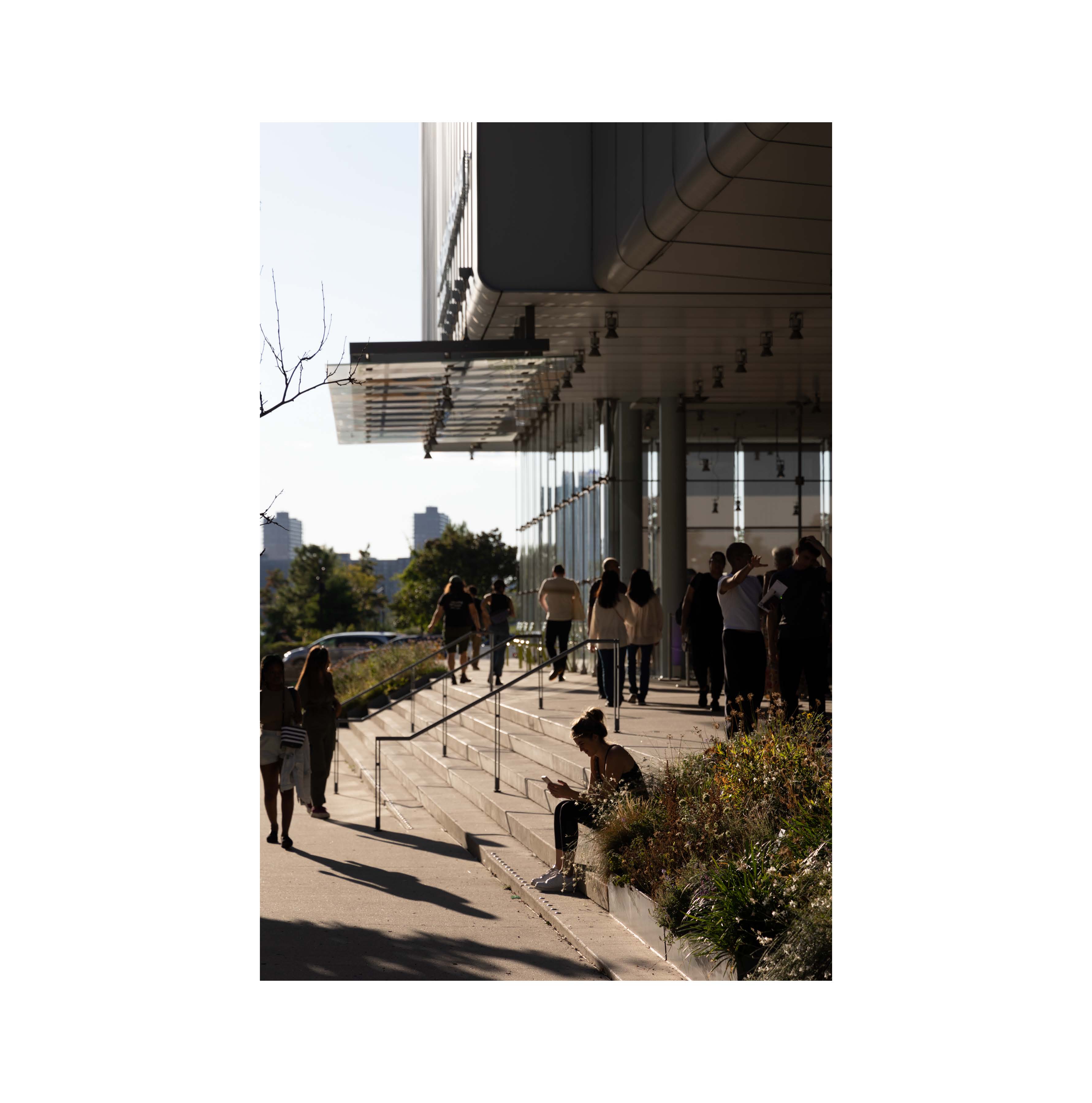 Visitors and shadows outside a museum