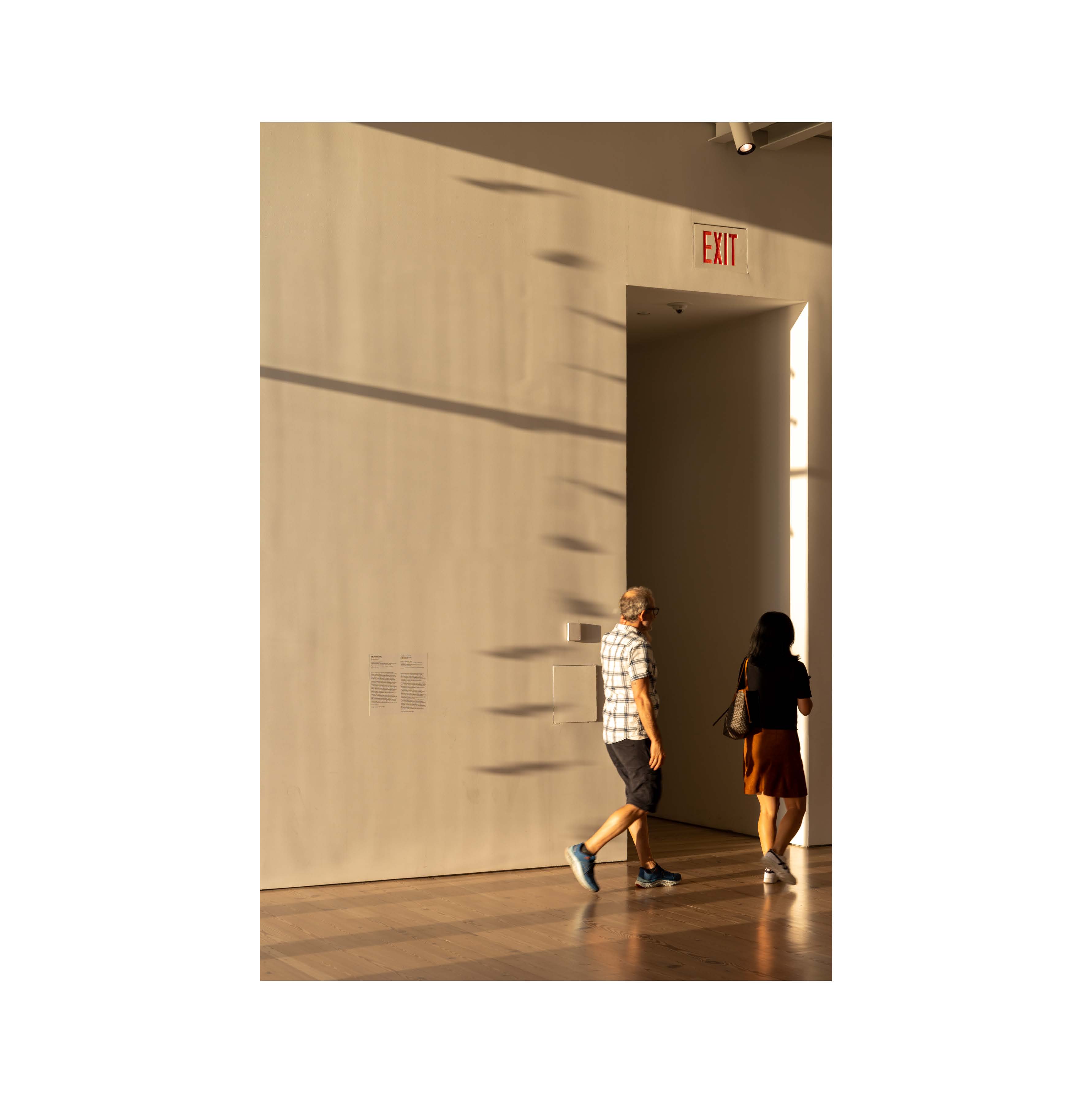 Visitors and light across a gallery wall